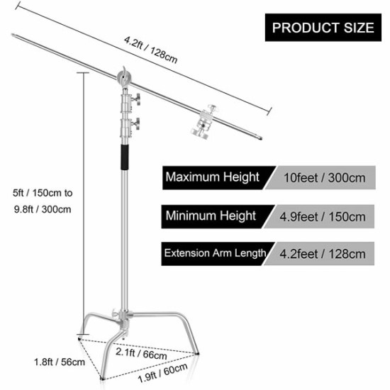 3m Heavy Duty C Stand, Adjustable Aluminum Alloy Photography C-Stand with Holding Boom Arm and Grip Head Kit for Photo Video Studio, Monolight, Reflector, Softbox