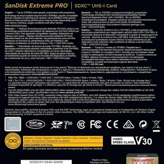SanDisk 64GB Extreme PRO 200MB/s 4K  SDXC UHS-I Memory Card For Camera