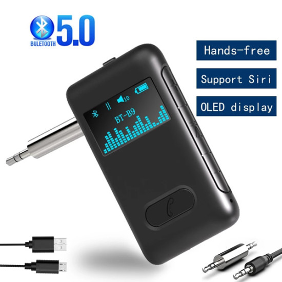 Bluetooth 5.0 Receiver OLED Display AUX Jack 3.5mm Stereo Music with Mic hands-free calls Speaker Car Wireless Audio Adapter 10H