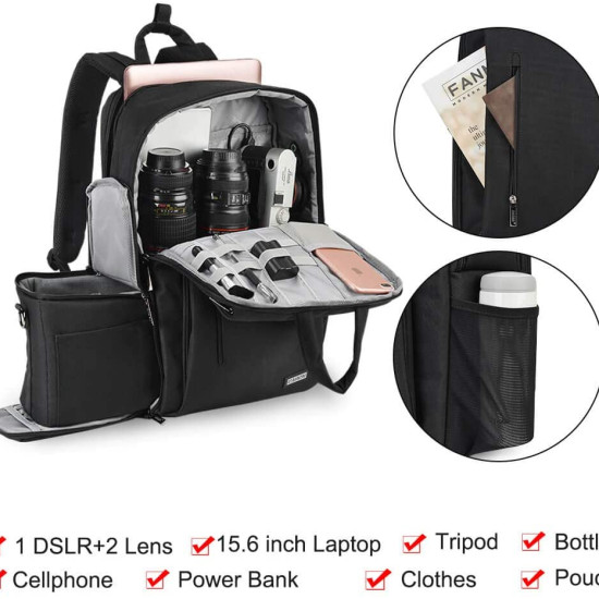 CADEN L5-3 Multifunction DSLR Camera Bag for Camera, Waterproof Anti Theft with 15.6 inch Laptop Compartment, USB Charging Port, Tripod Holder, Rain Cover, Inner Case