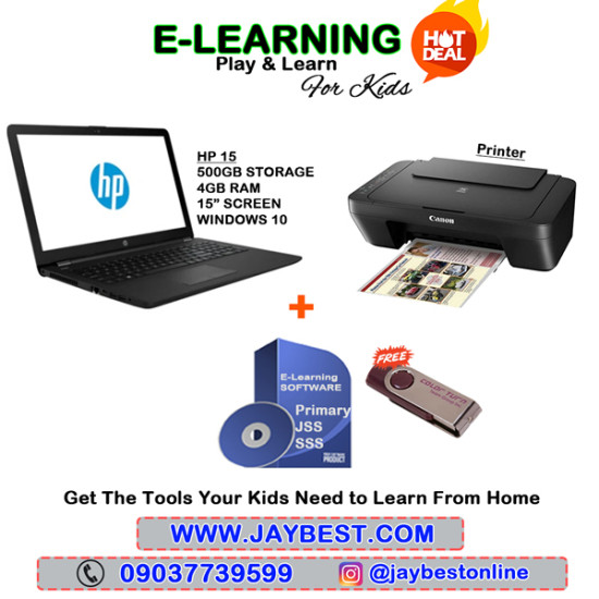 HP 15 Laptop 500GB Storage , 4GB Ram. 15 inch  Screen AMD Dual Core + Elearning Software + Canon 3 in 1 coloured  Printer 