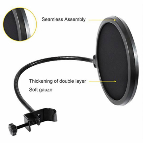 MICROPHONE POP FILTER FOR BLUE YETI AND ANY OTHER MICROPHONE DUAL LAYERED WIND POP SCREEN WITH FLEXIBLE 360° GOOSENECK CLIP STABILIZING ARM BY EARAMBLE 