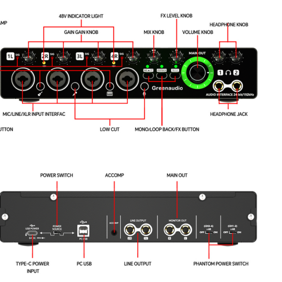 XPRO 4 Channel Professional Audio Sound Card or Audio Interface for Music , Instrument and Podcast Recording  24bit 192kHz 