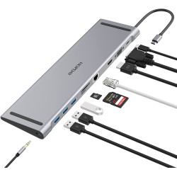 USB C Docking Station, USB C Hub, Triple Display Laptop, USB C Hub Adapter for MacBook & Windows (4K HDMI, VGA, PD 100W, Ethernet, 3.5 mm Audio, SD/TF Card Slot, 3 USB Ports) for MacBook Dell XPS Hp Lenovo ThinkPad