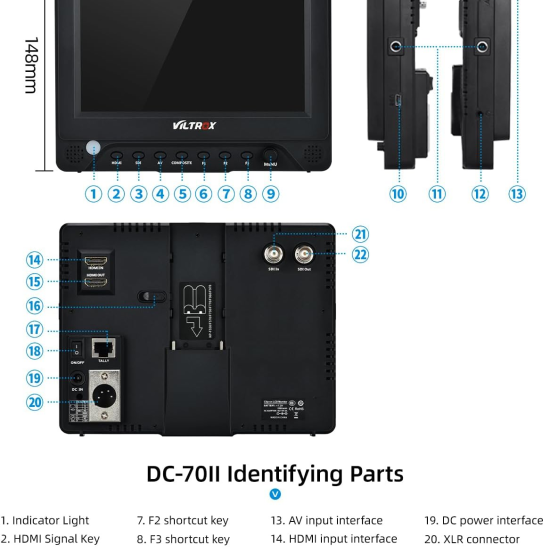 VILTROX DC-70EX 7'' Camera Field Monitor, 4K HD Camera Video LCD Monitor Display Screen Kit with HDMI/SDI/AV Input Output for DSLR Camera, with Sunshade Hood/Battery/hot Shoe Adapter