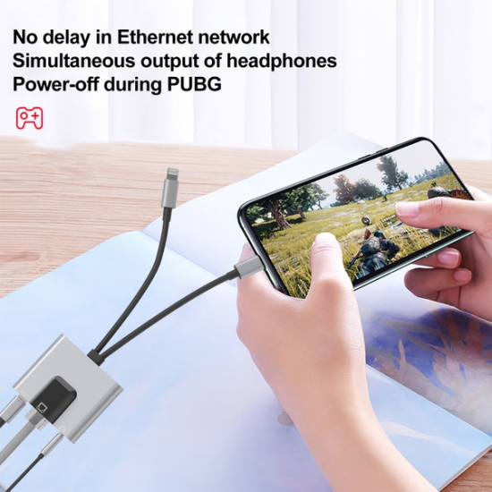  VR-1056Pro 3 in 1 8 Pin + USB-C / Type-C Male to 8 Pin Charging + Ethernet + 3.5mm Earphone Female Adapter