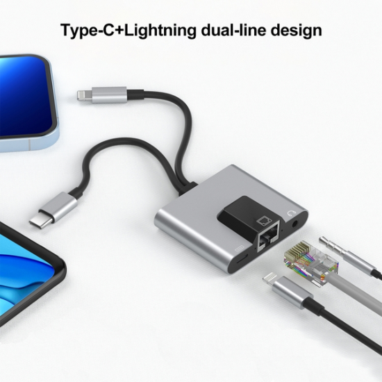  VR-1056Pro 3 in 1 8 Pin + USB-C / Type-C Male to 8 Pin Charging + Ethernet + 3.5mm Earphone Female Adapter