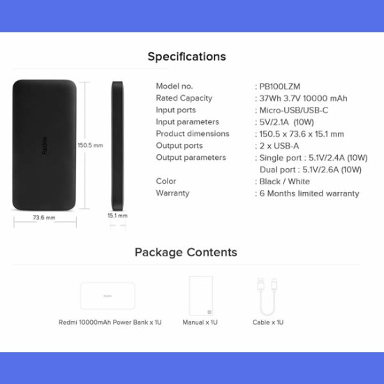 Xiaomi 10000mAh Redmi Power Bank Portable Charger, Dual Input and Output Ports, 37Wh High Capacity, External Battery Pack Compatible with iPhone, Samsung, Android Devices and Other Smart Devices
