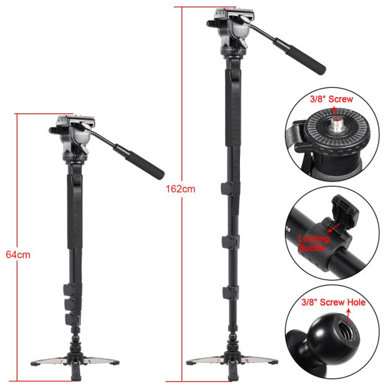 YUNTENG VCT-588 PROFESSIONAL ALUMINUM ALLOY CAMERA MONOPOD WITH FLUID PAN HEAD UNIPOD HOLDER 1/4 INCH 3/8 INCH SCREW MOUNTS MAX. HEIGHT 145CM MAX. LOAD CAPACITY 5KG