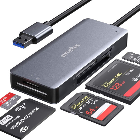 USB CF Card Reader, ZIYUETEK 5 in 1 USB 3.0 Memory Card Reader Adapter 5Gbps Read 5 Cards Simultaneously for SDXC, SDHC, 