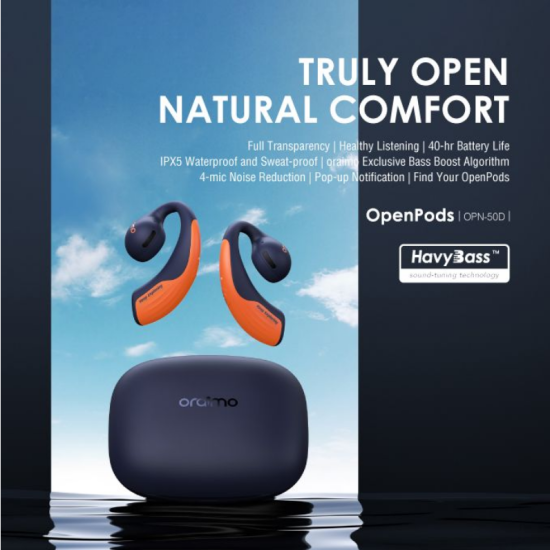 oraimo OpenPods 40Hr Long Playtime IPX5 4-mic Noise Reduction Open-ear True Wireless Earphones