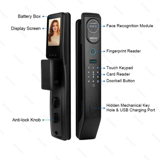Smart Door Lock with Face Recognition , pin lock, Video Intercom, WiFi Camera, Fingerprint and app control